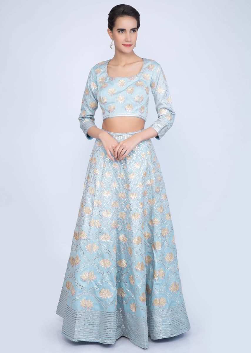 Buy Powder Blue Lehenga Set In Lace Embroidered Cotton With Off White ...
