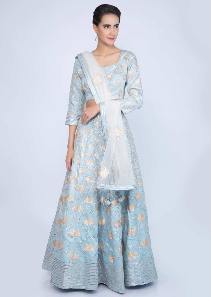Powder Blue Lehenga Set In Lace Embroidered Cotton With Off White Net Dupatta Online - Kalki Fashion