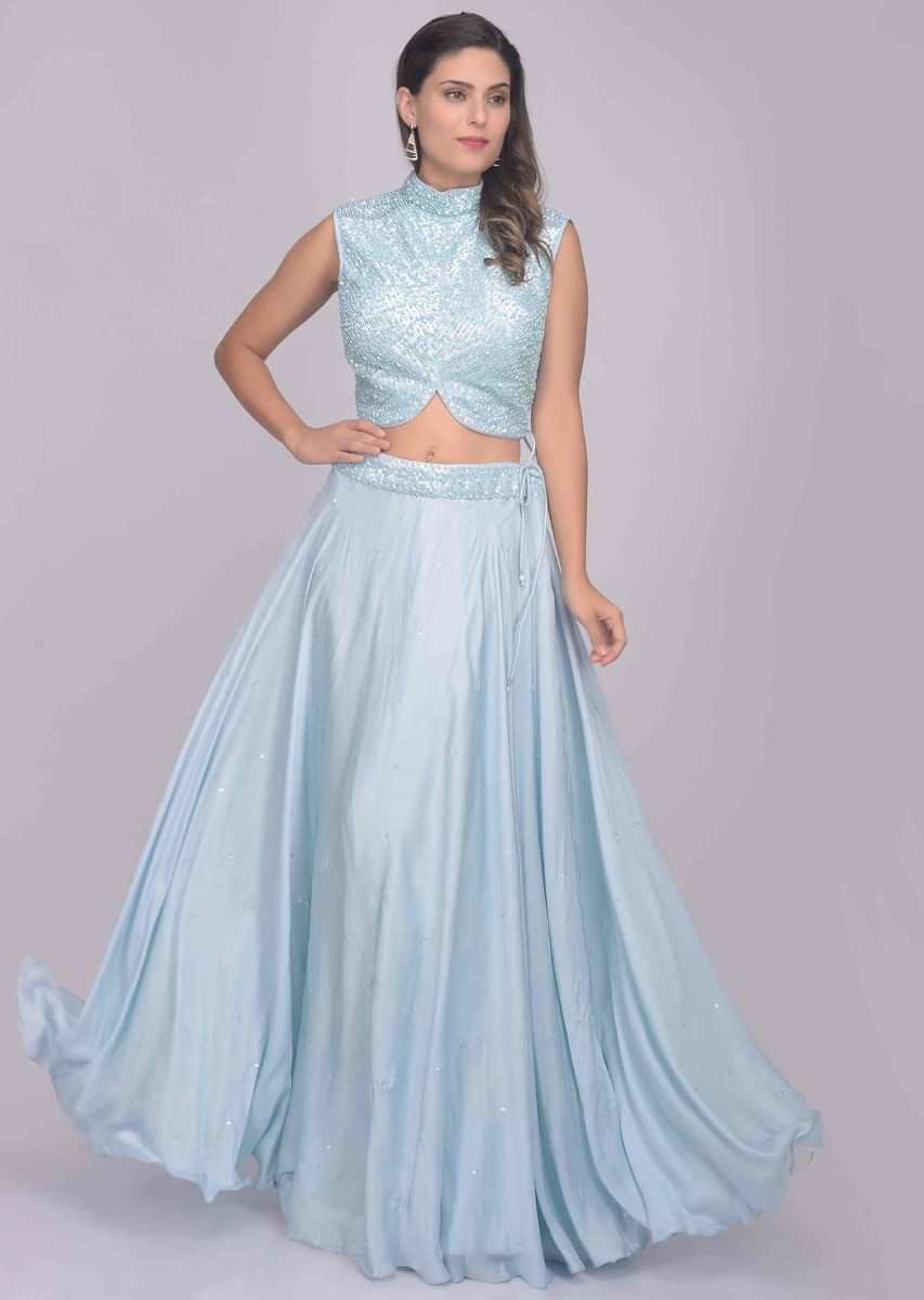 Buy Powder Blue Lehenga Set In Satin With Beads, Sequins And Cut ...