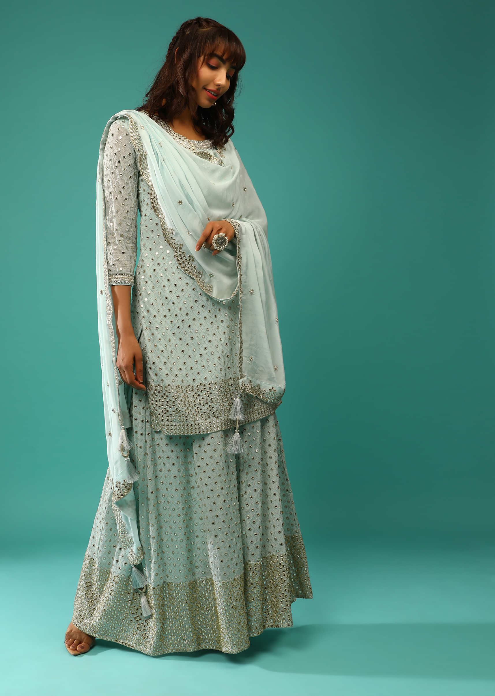 Powder Blue Palazzo Suit In Crepe With Zari And Mirror Embroidered Geometric Jaal Along With Heavy Border Design  