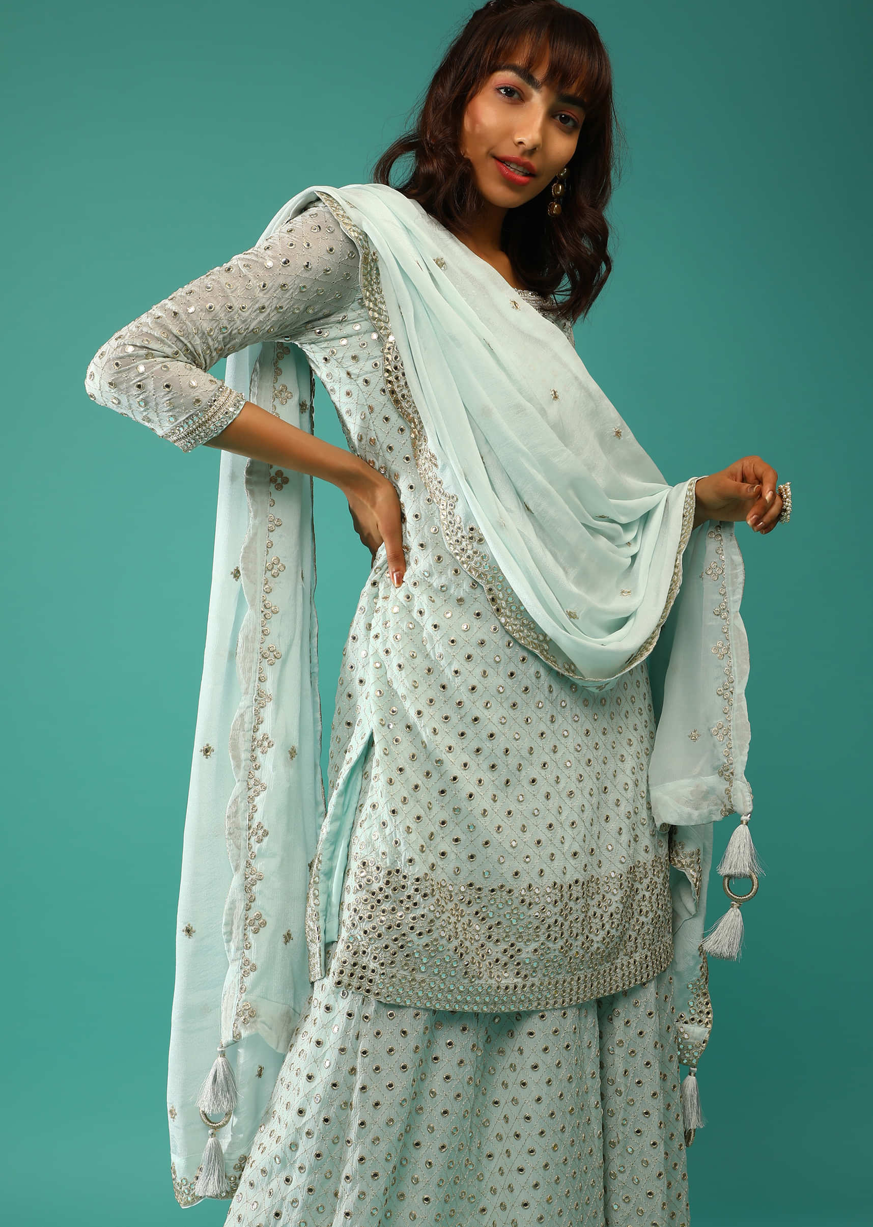 Powder Blue Palazzo Suit In Crepe With Zari And Mirror Embroidered Geometric Jaal Along With Heavy Border Design  