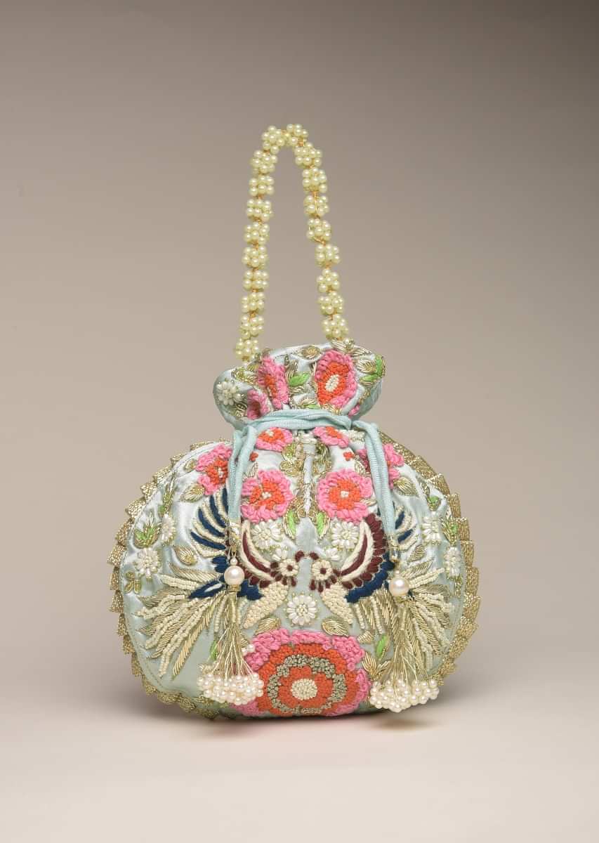 Powder Blue Potli Bag In Satin With Hand Embroidered Floral Design Using Thread And Zardosi