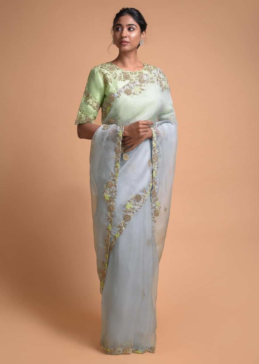 Buy Powder Blue Saree In Organza With Embellished Floral Pattern On The