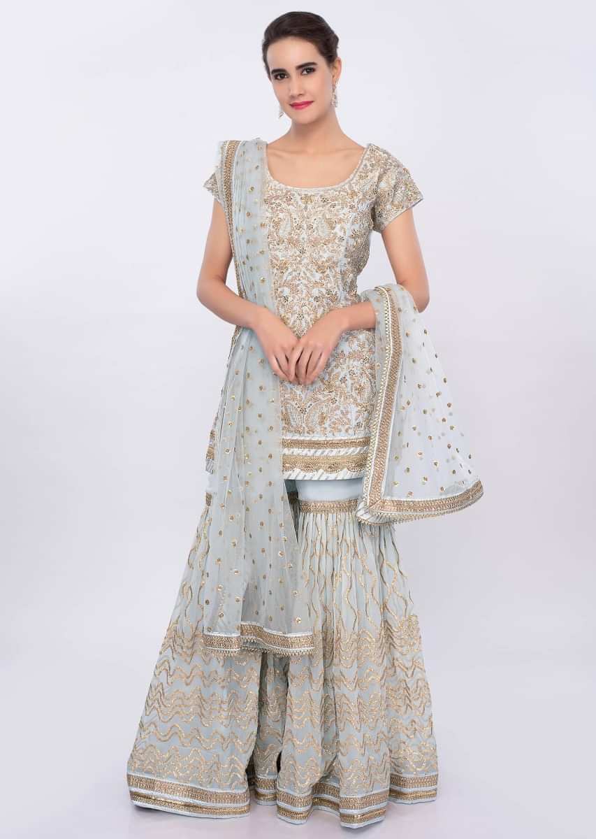Powder Blue Sharara Suit Set In Heavy Lace Jaal Embroidery Online - Kalki Fashion
