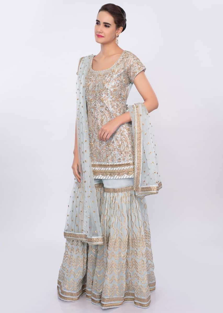 Powder Blue Sharara Suit Set In Heavy Lace Jaal Embroidery Online - Kalki Fashion