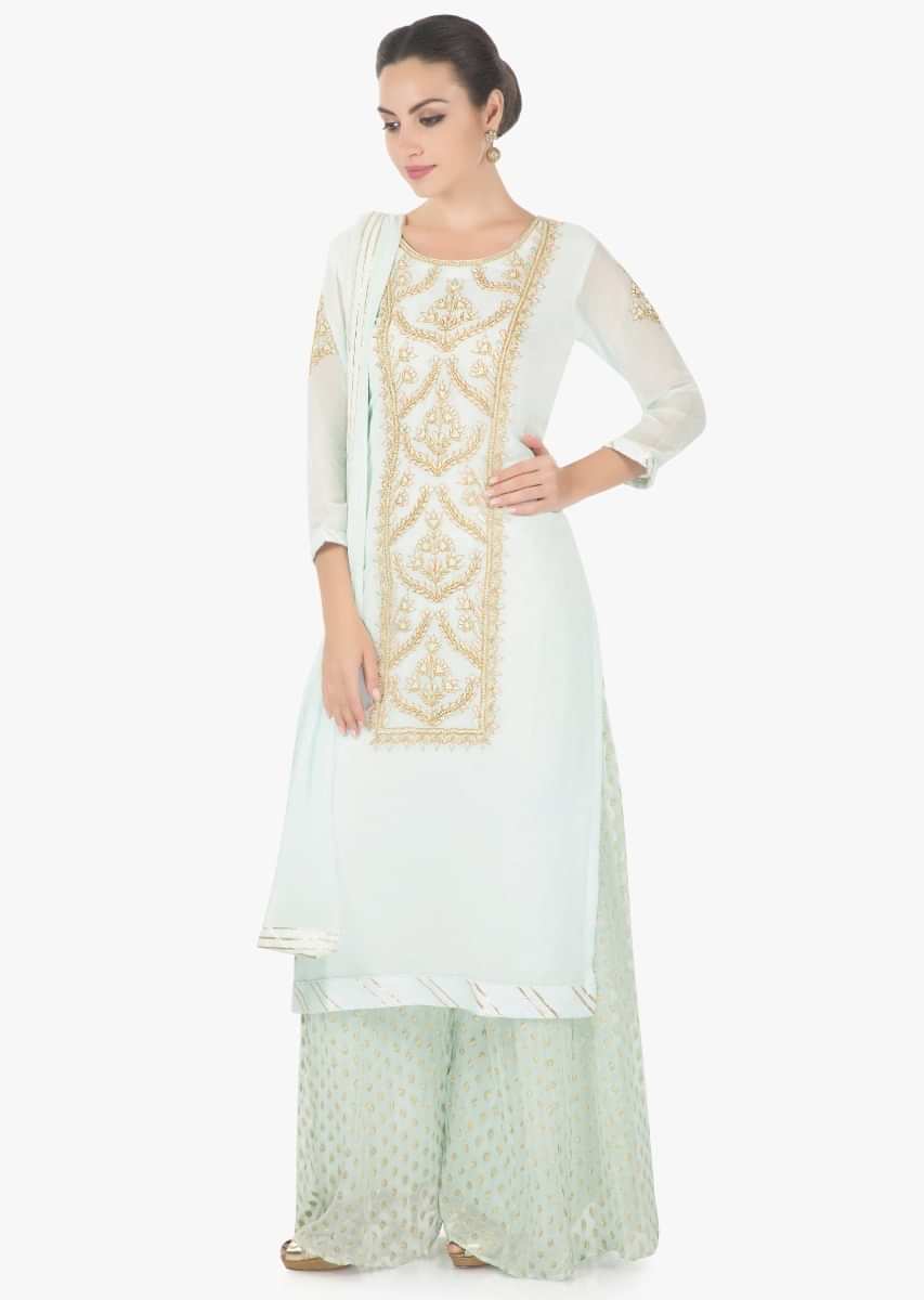 Powder blue straight palazzo suit in georgette with resham and zari work