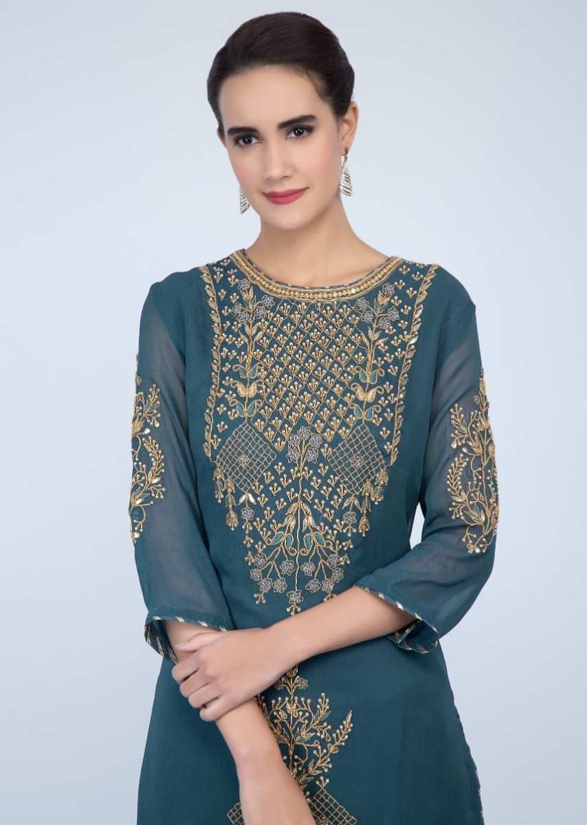 Powder Cobalt Blue Sharara Suit In Georgette Adorned With Embroidery Work Online - Kalki Fashion