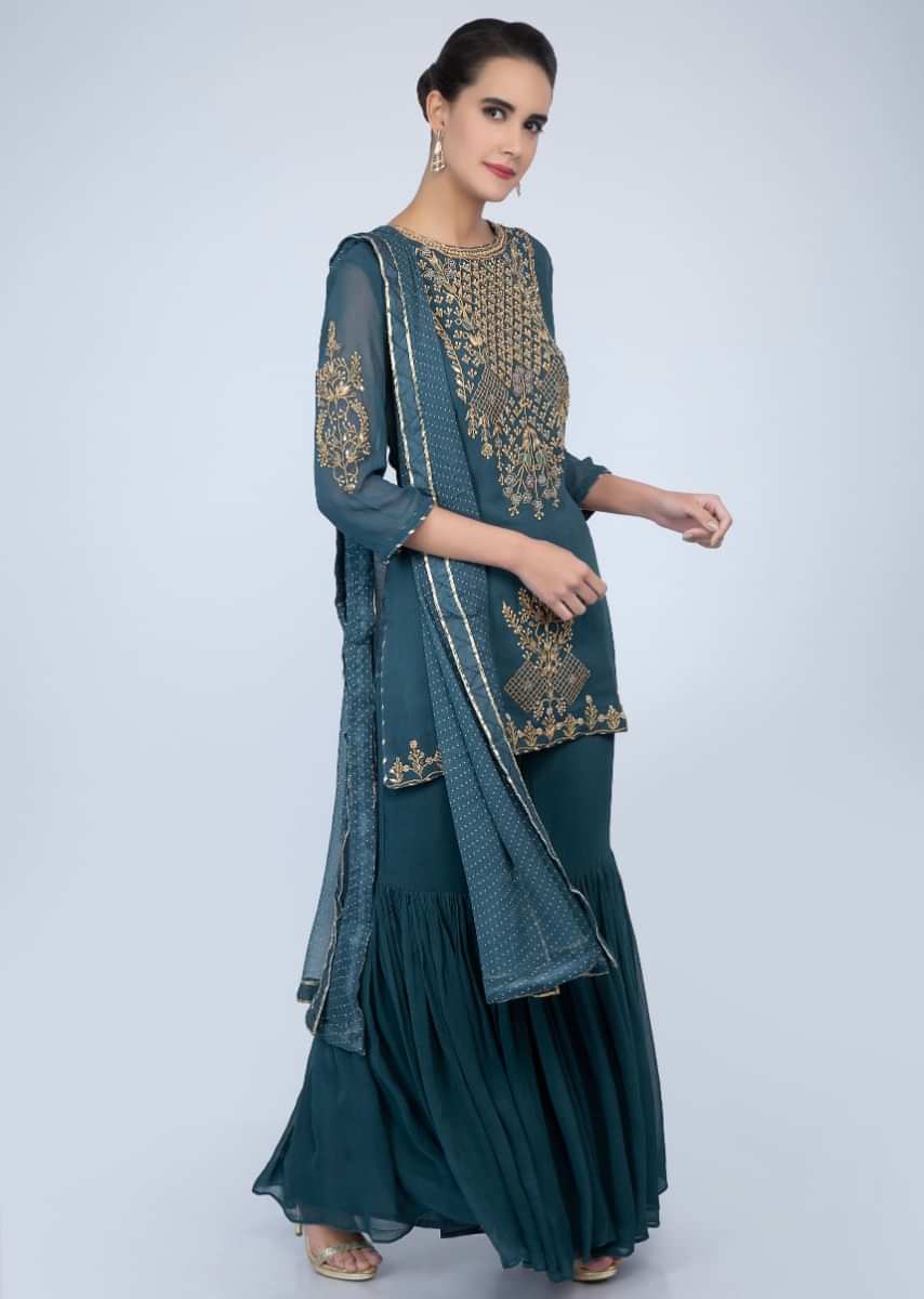 Powder Cobalt Blue Sharara Suit In Georgette Adorned With Embroidery Work Online - Kalki Fashion