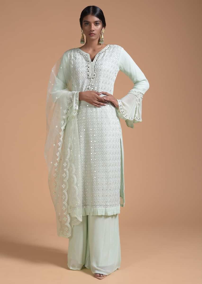Powder Green Palazzo Suit In Georgette With Thread Embroidered Moroccan Jaal Design  