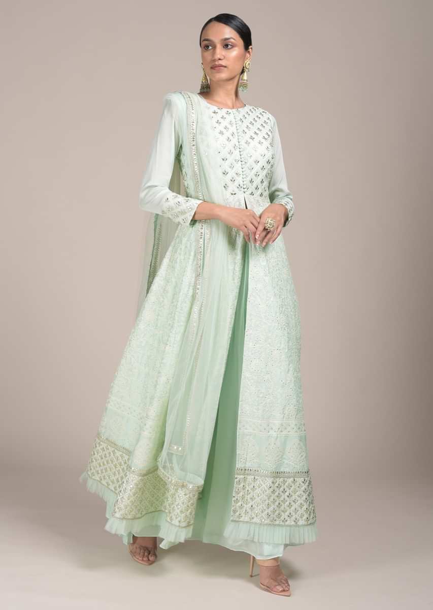 Mint Green Palazzo Suit With A Lucknowi Anarkali Kurti Having A Front Slit And Gotta Work  