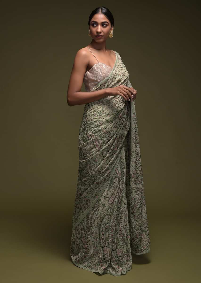 Powder Green Saree In Georgette With Kashmiri Embroidered Floral And Paisley Jaal Online - Kalki Fashion