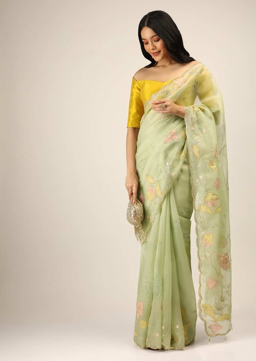 Powder Green Saree In Organza With Multi Colored Applique Flowers And Cut Dana Accents  