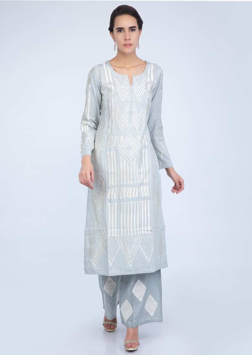 Powder Grey Suit Set Designed With Machine Resham Embroidery In Geometric Motif Online - Kalki Fashion