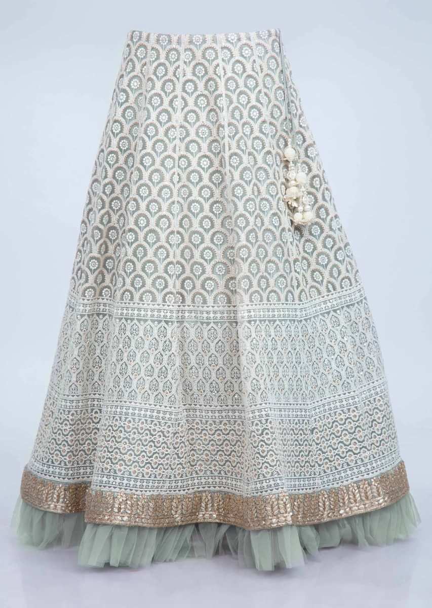 Mint green Lehenga Set With Thread Embroidery And Net Ruching At The Hem 