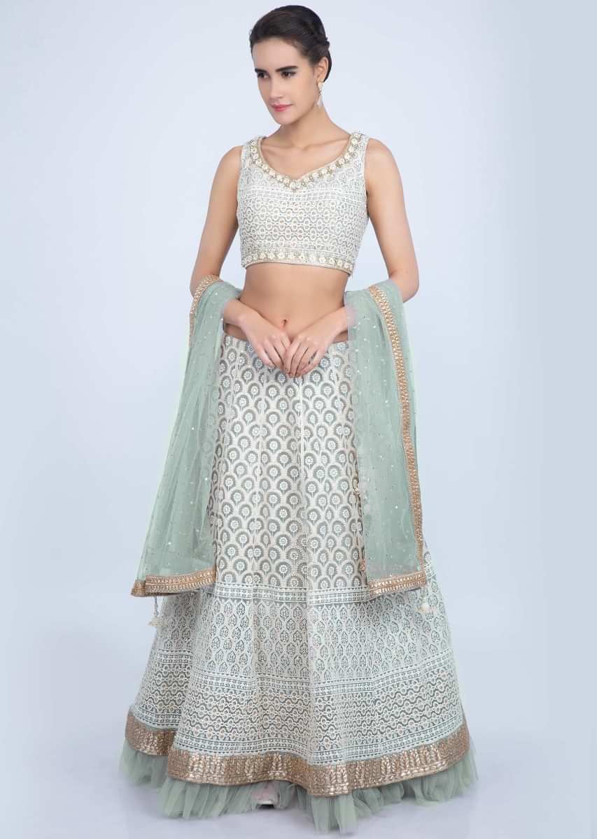 Mint green Lehenga Set With Thread Embroidery And Net Ruching At The Hem 