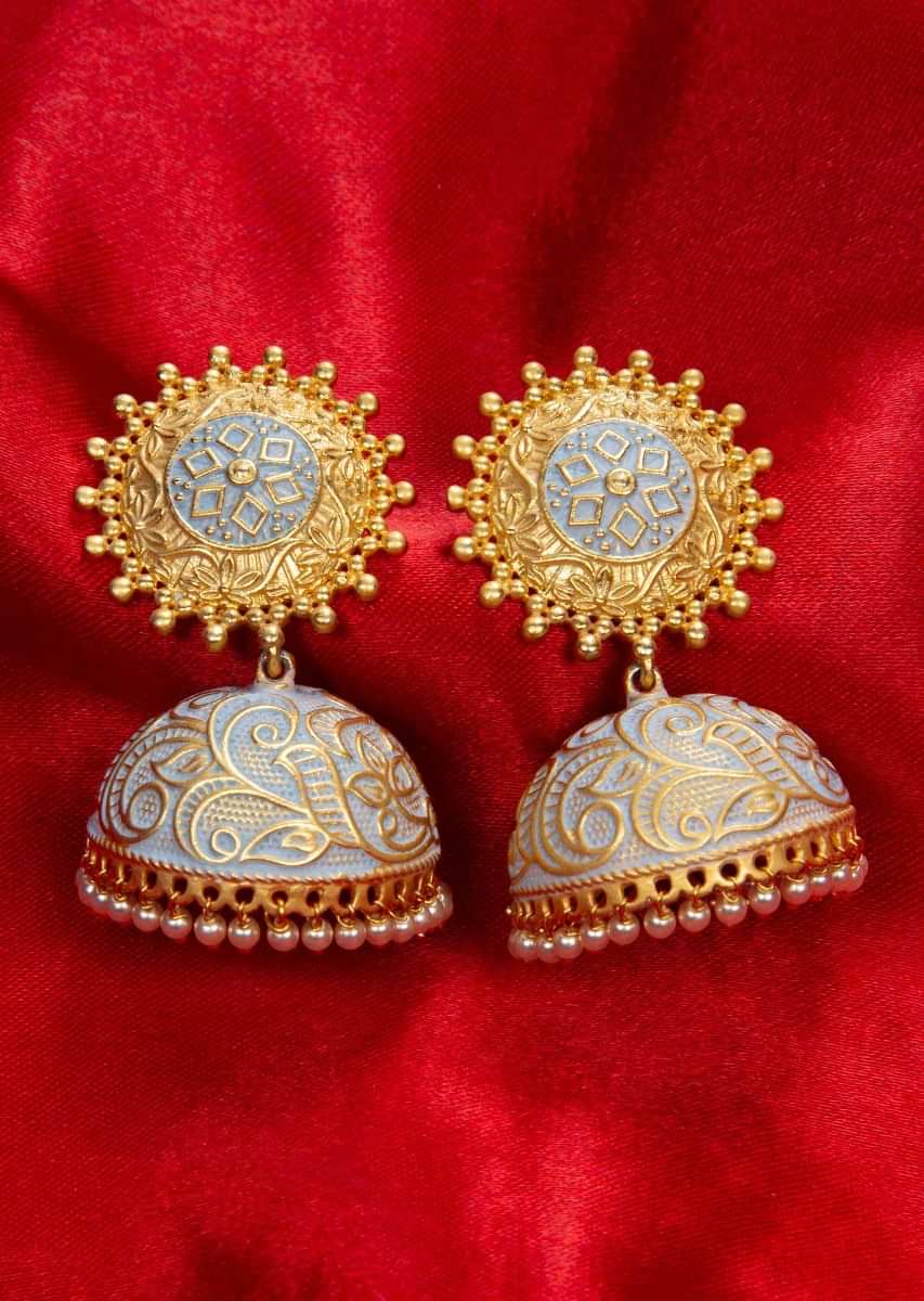 Powder grey traditional jhumkas with gold carving in abstract motif only on kalki