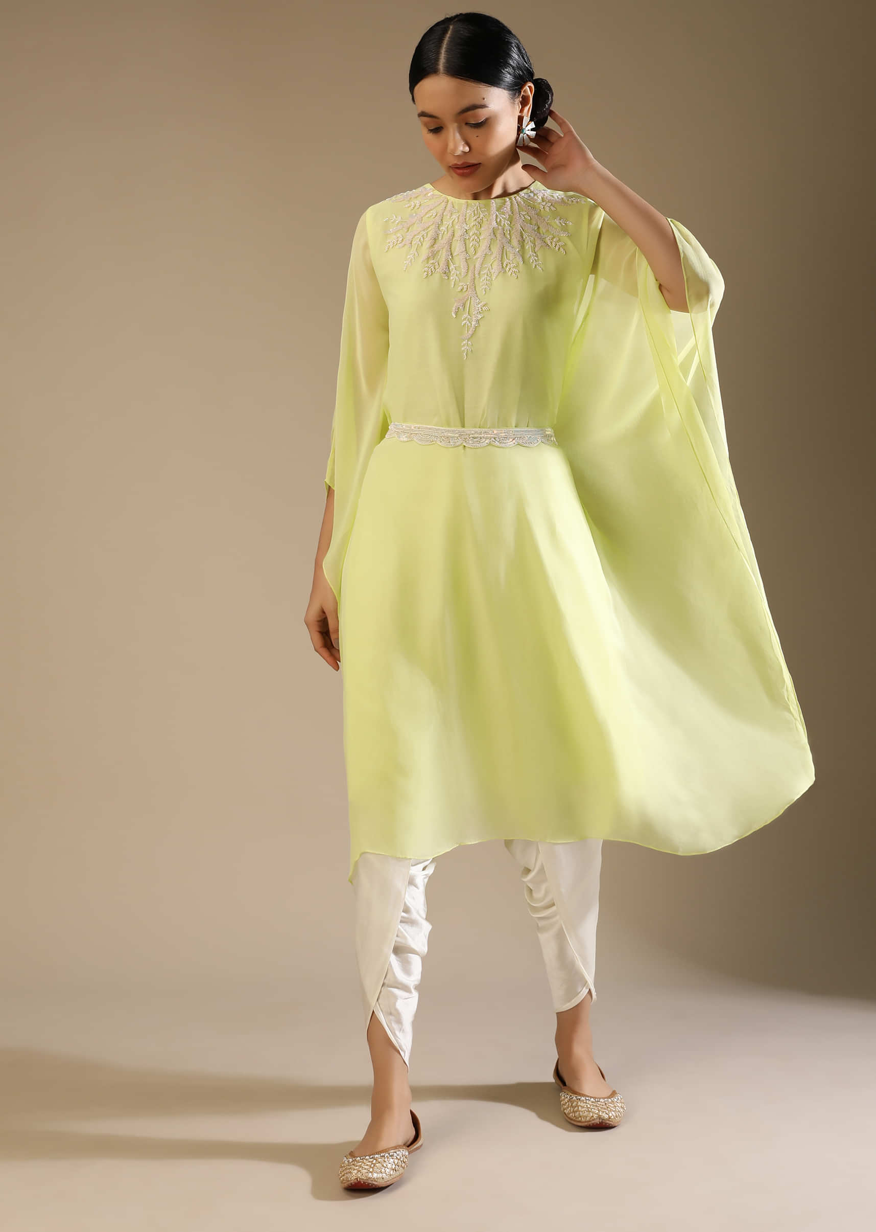 Powder Lime Kaftan And Dhoti Suit With Hand Embroidery On The Neckline With Sequins And Cut Dana Along With A Belt  