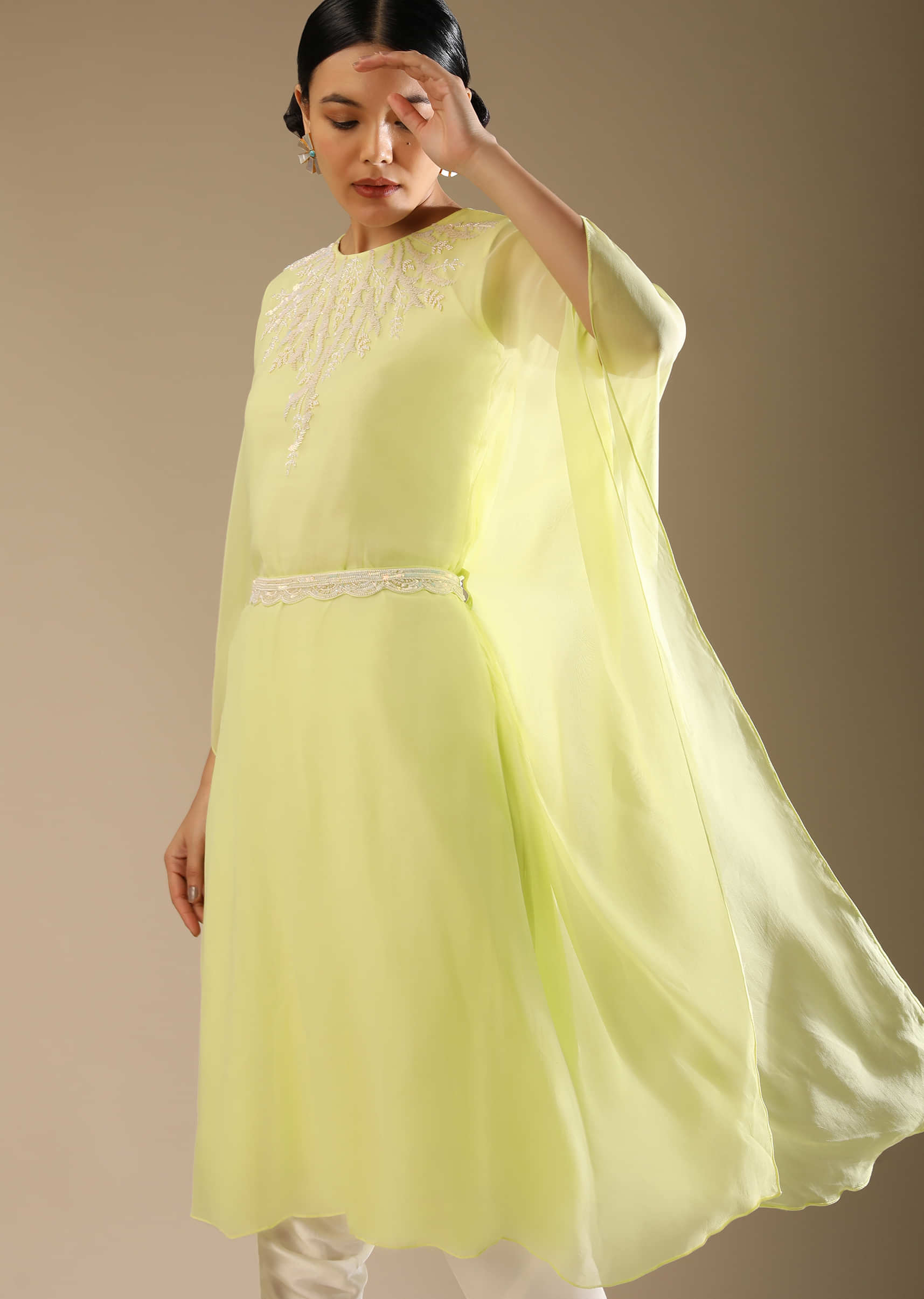 Powder Lime Kaftan And Dhoti Suit With Hand Embroidery On The Neckline With Sequins And Cut Dana Along With A Belt  