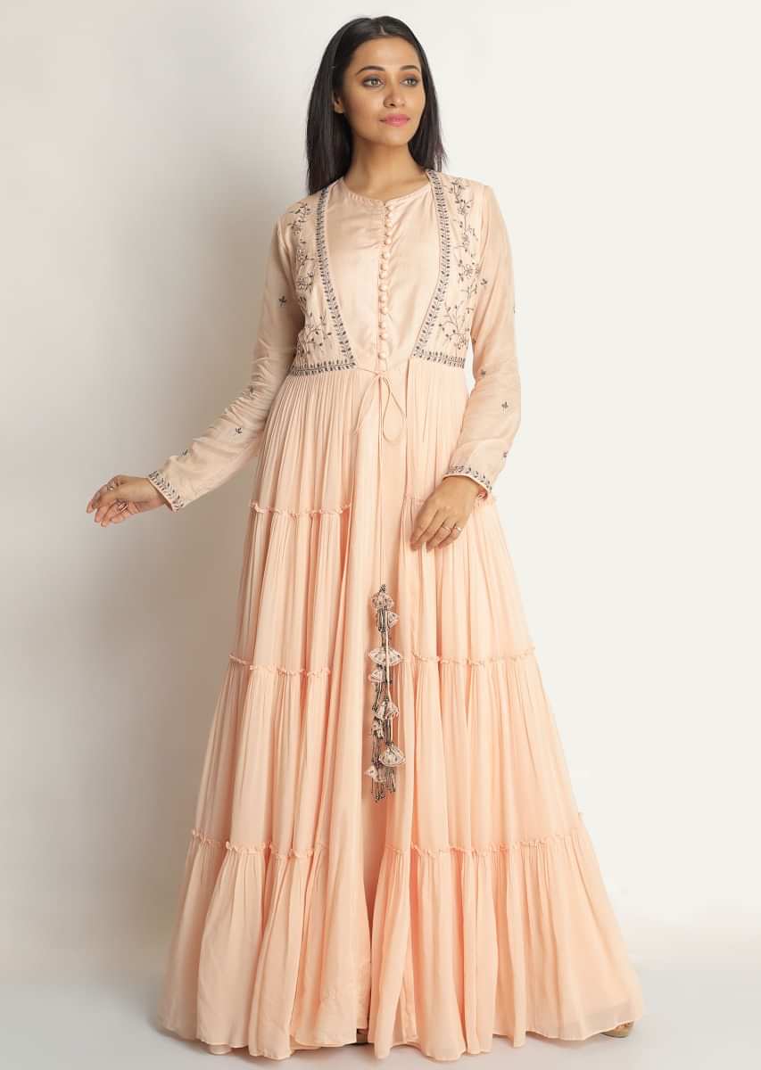 Powder peach anarkali suit in cotton silk with resham and cut dana embroidered jacket