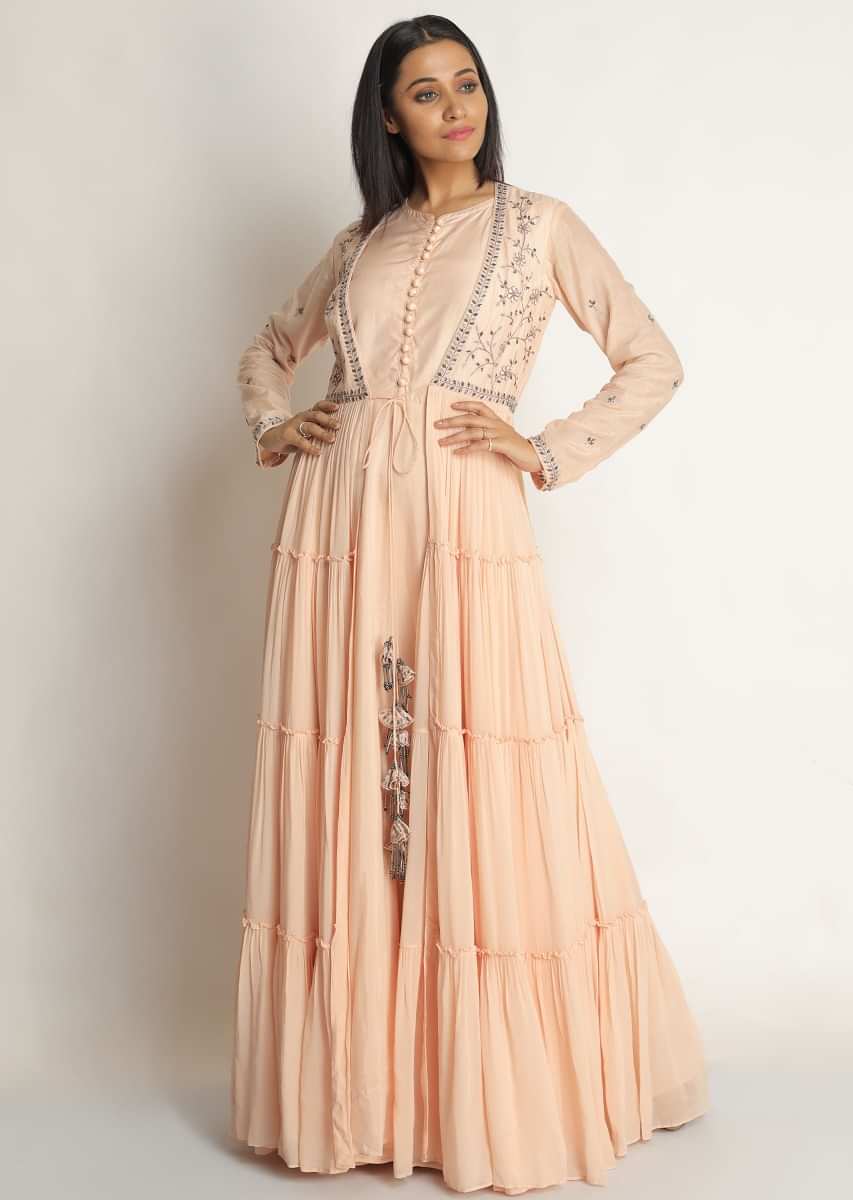 Powder peach anarkali suit in cotton silk with resham and cut dana embroidered jacket