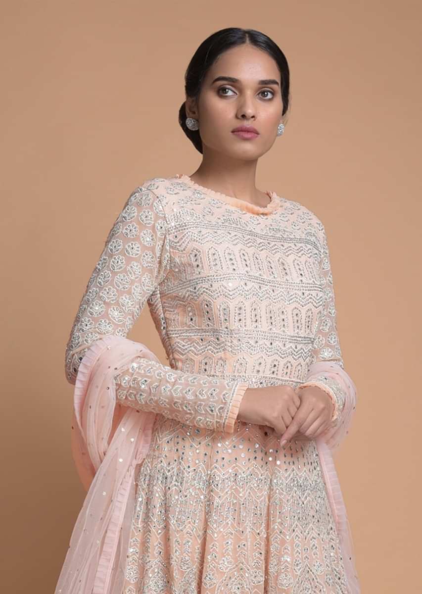 Powder Peach Anarkali Suit With Abla Work In Geometric And Floral Pattern Online - Kalki Fashion