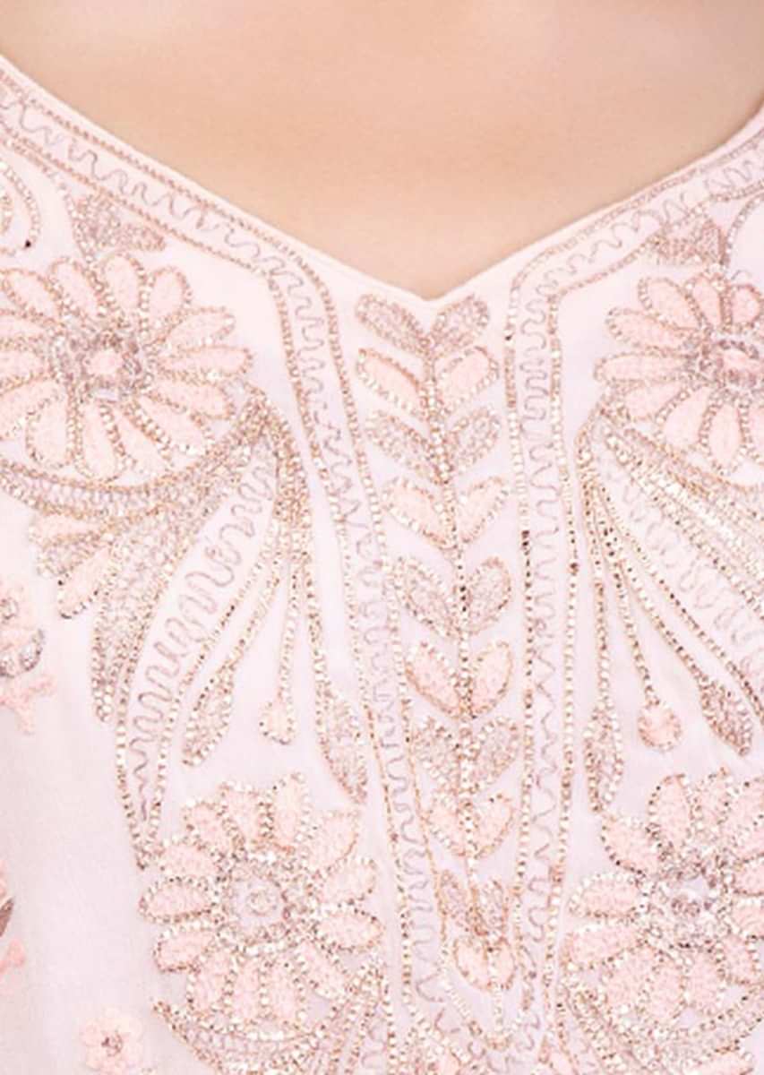 Powder Peach Palazzo Suit Set In Embroidered Georgette Online - Kalki Fashion