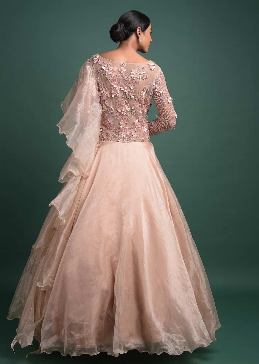 Powder Peach Gown In Shimmer Organza With Embellished Net Bodice And Attached Drape