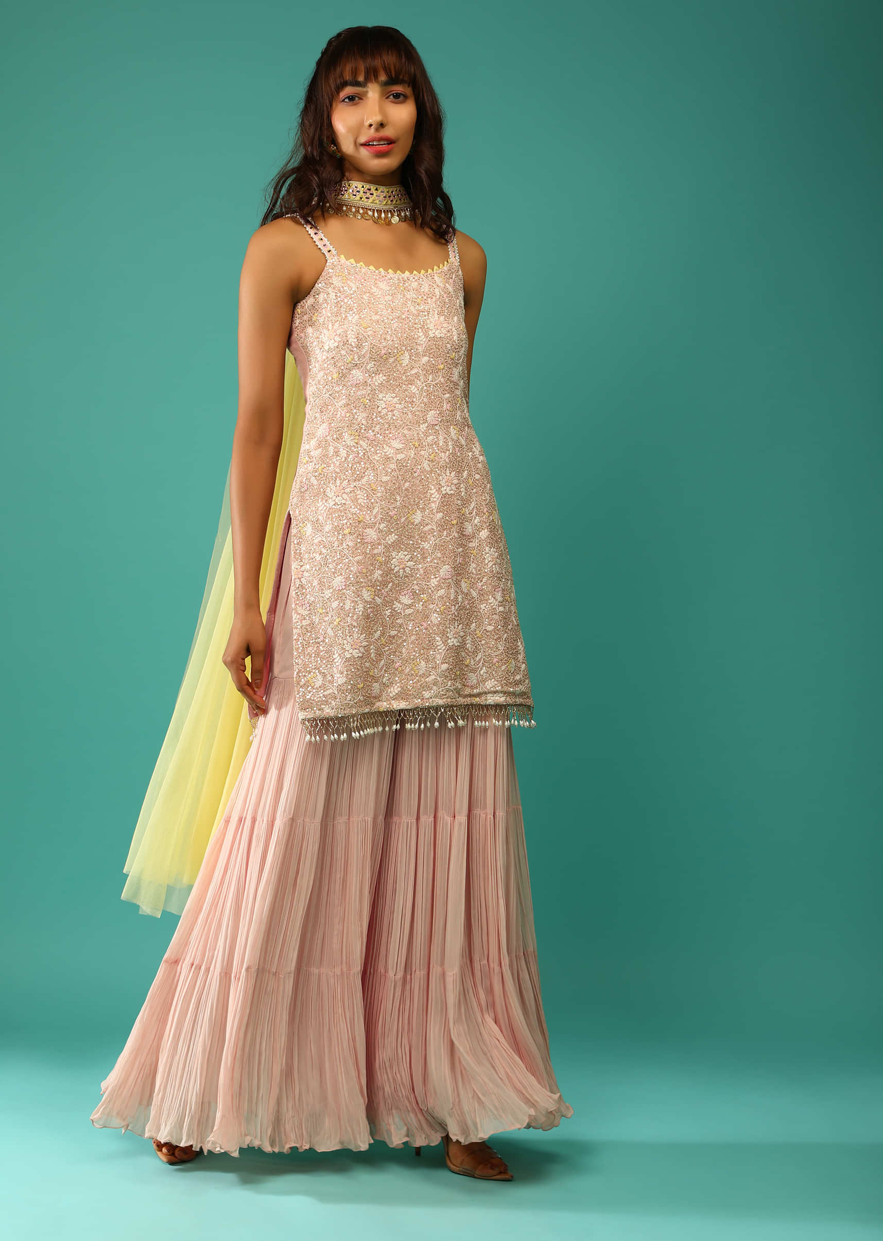 Powder Peach Sharara Suit In Georgette With Pastel Colored Resham And Sequins Embroidered Jaal And Cut Dana Fringes  