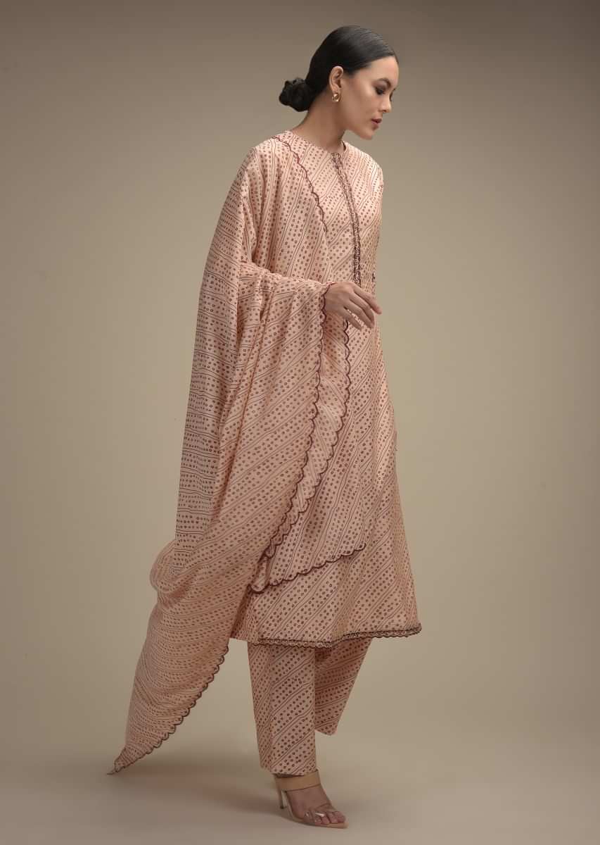 Powder Peach Straight Cut Suit In Cotton With Maroon Bandhani Print And Sequin Accents  