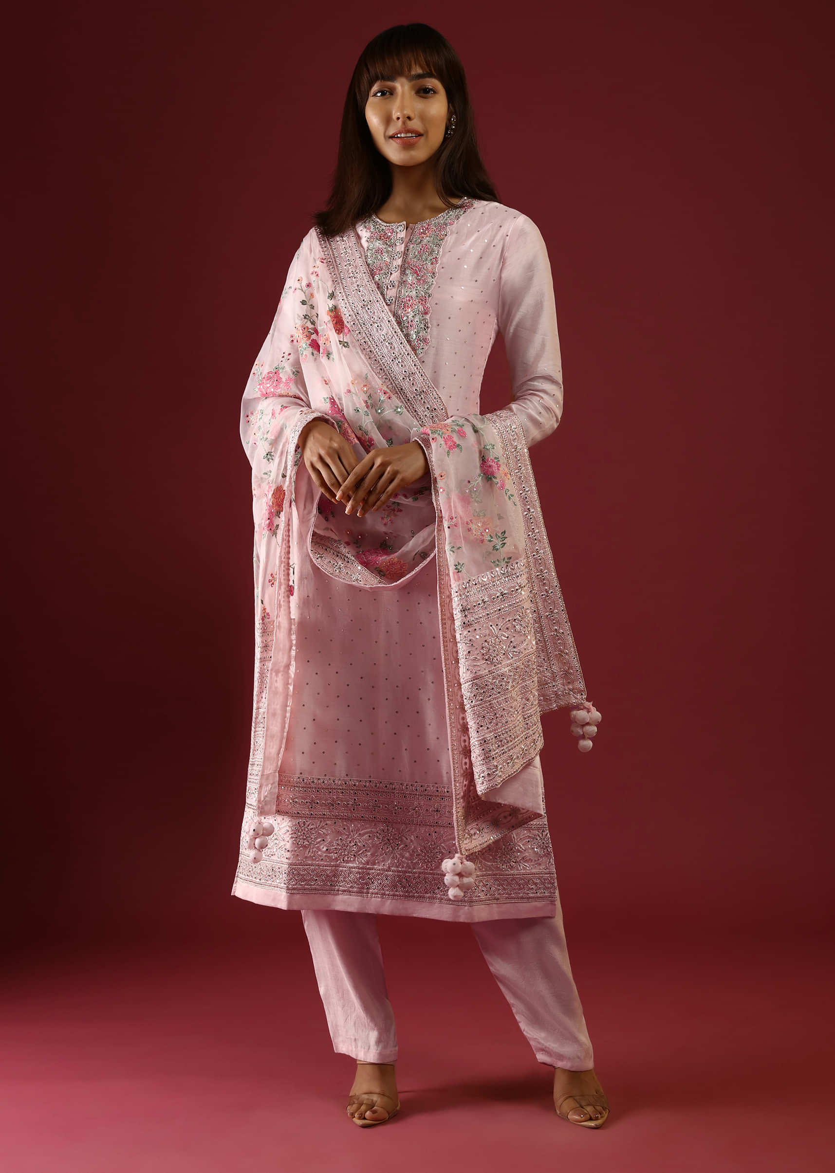 Powder Peach Straight Cut Suit With Multi Colored Thread Embroidered Floral Motifs On The Yoke And Organza Dupatta  