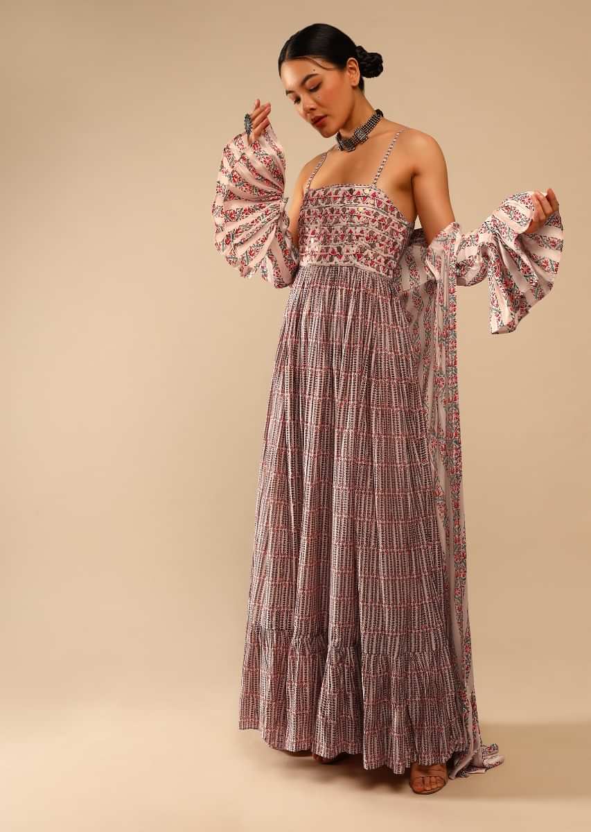 Powder Peach Dress And Ruffle Jacket Set In Cotton With Floral Print And Resham Embroidery  
