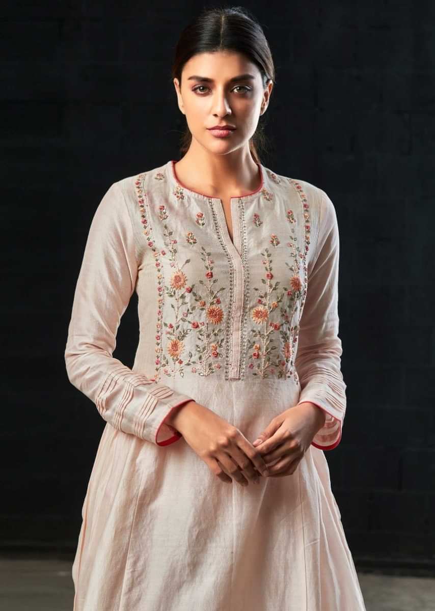 Powder Pink A Line Suit In Cotton Silk Embellished In Resham And Gotta Patch Embroidery Online - Kalki Fashion
