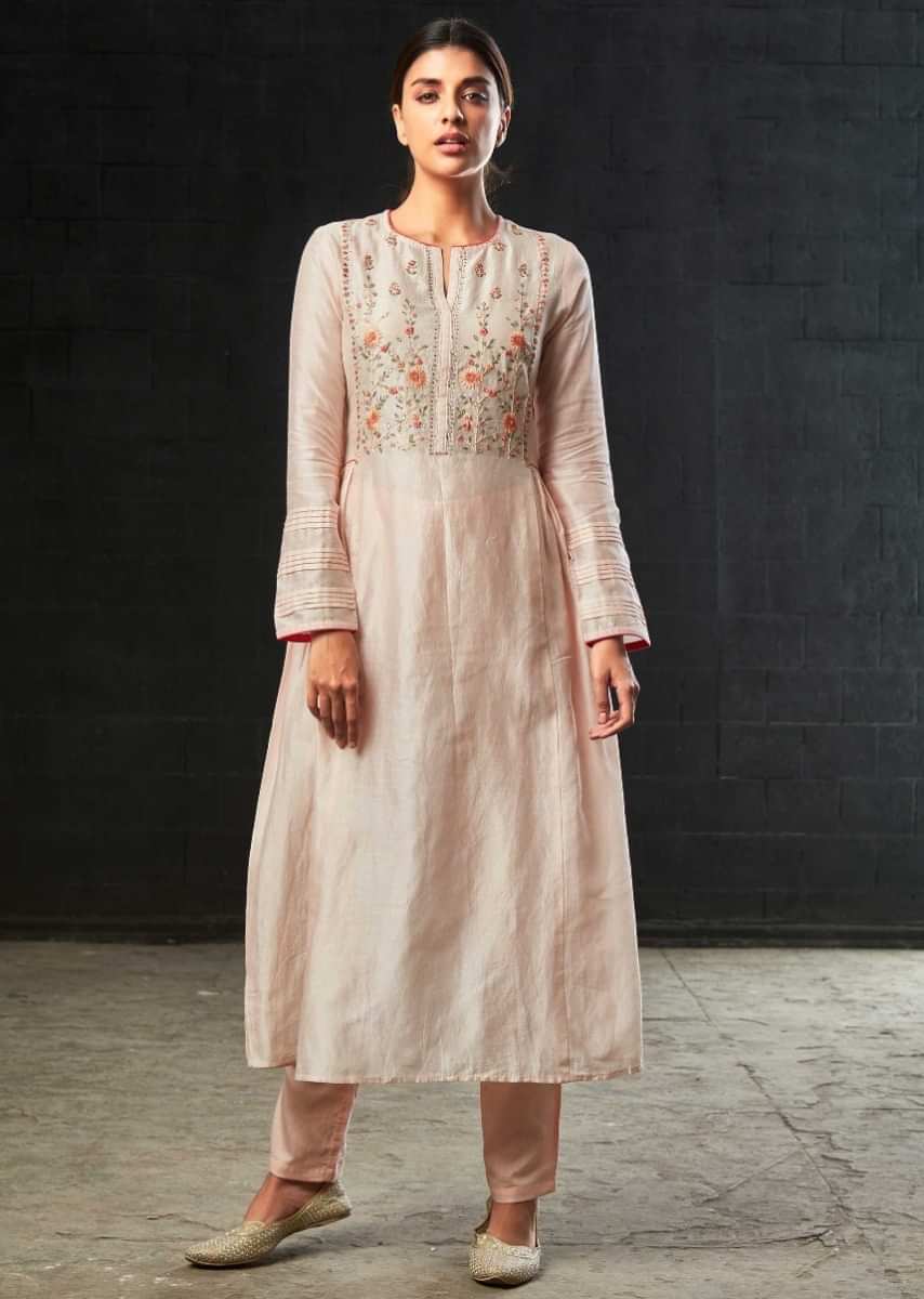 Powder Pink A Line Suit In Cotton Silk Embellished In Resham And Gotta Patch Embroidery Online - Kalki Fashion