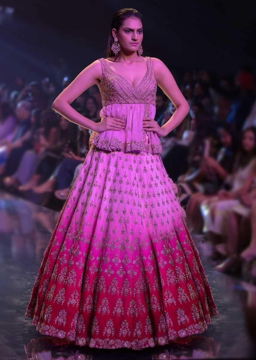 Misty Rose And Fuschia Rose Ombre Lehenga With Embroidered Buttis And Peplum Choli 