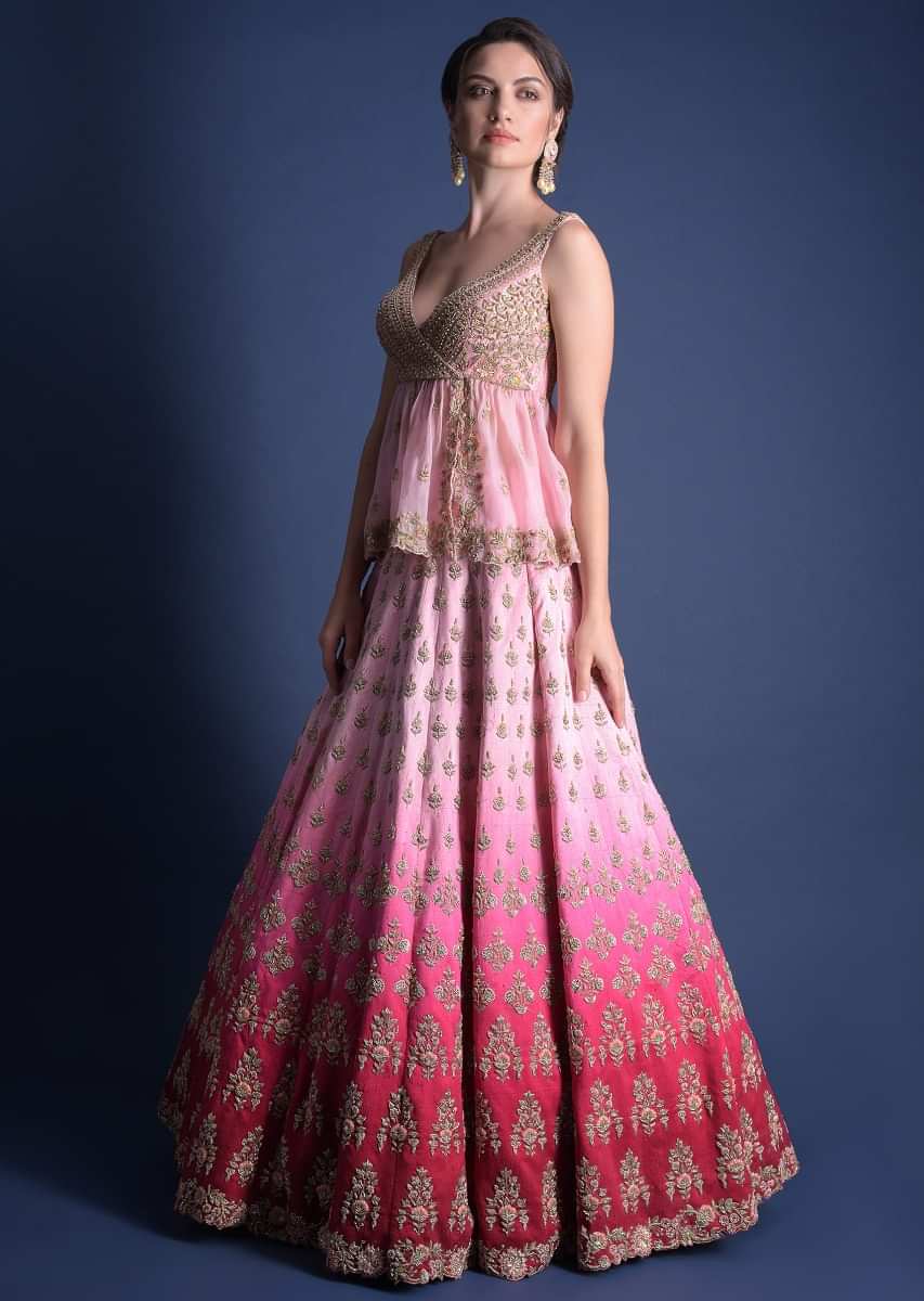 Misty Rose And Fuschia Rose Ombre Lehenga With Embroidered Buttis And Peplum Choli 