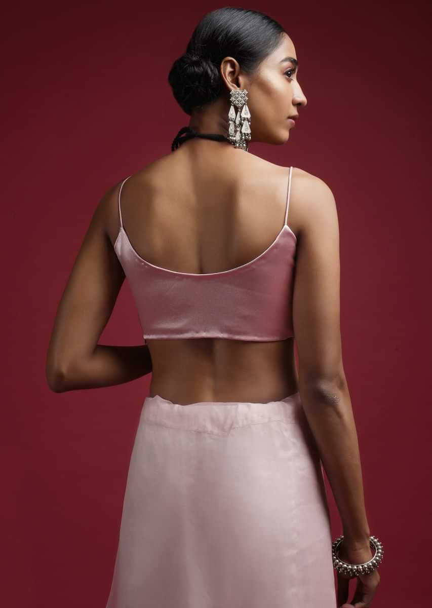 Powder Pink Blouse In Milano Satin With Spaghetti Straps On The Shoulders