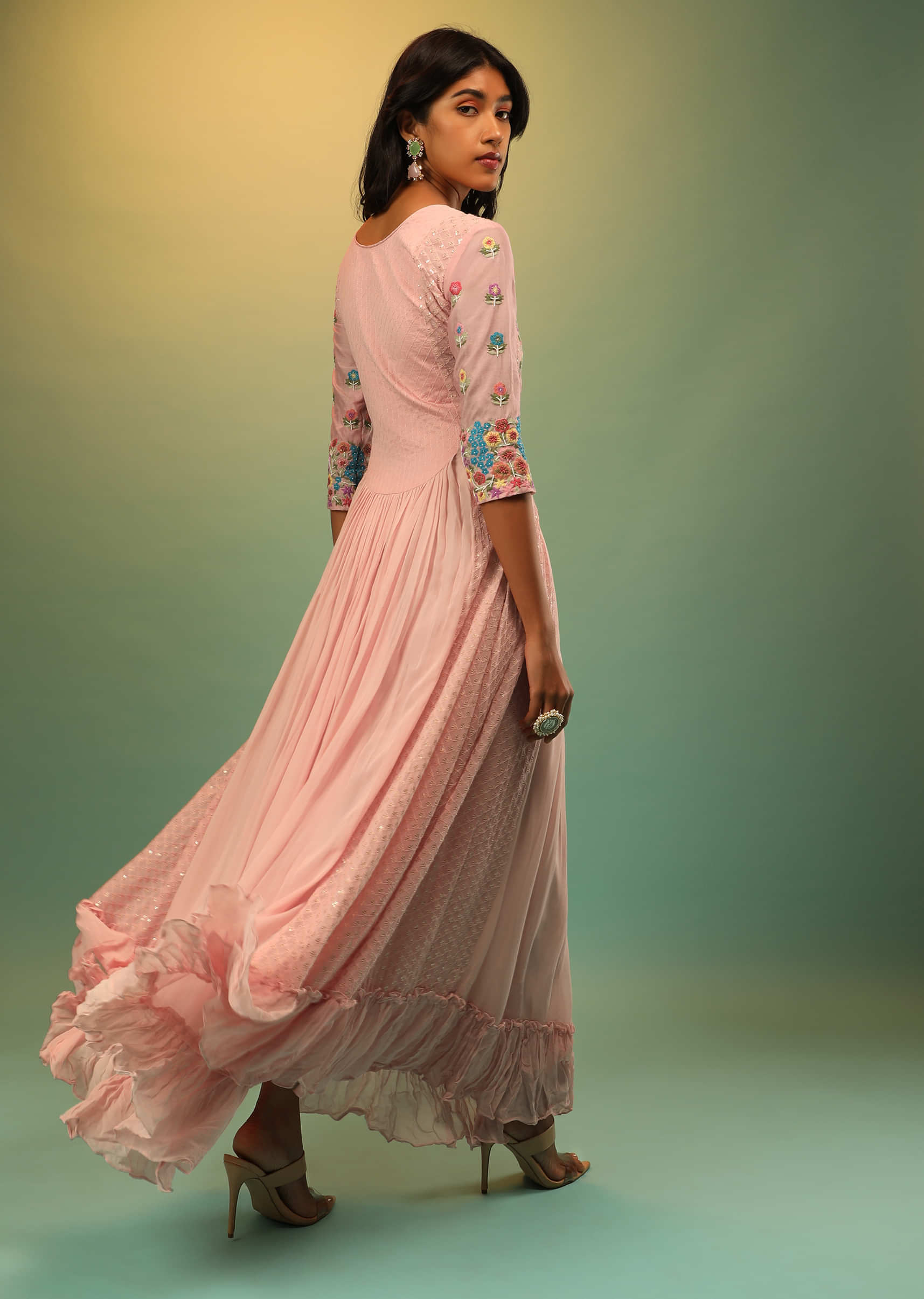Powder Pink Dress In Georgette With Multi Colored Thread And Beads Embroidered Floral Motifs On The Yoke
  