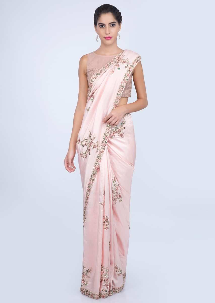 Powder pink dupion silk saree with florrla embroidered butti and border only on kalki