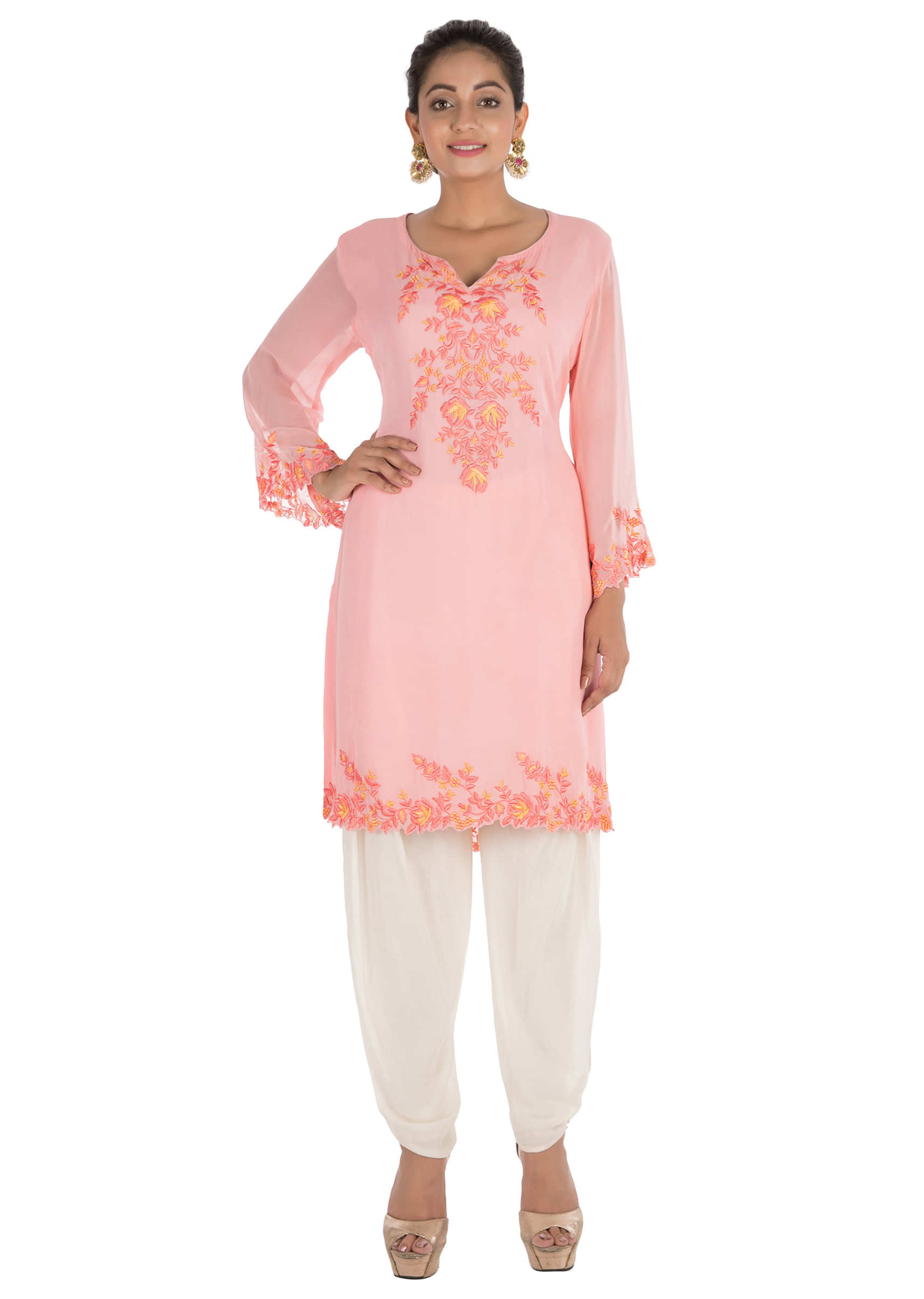 Powder Pink Embroidered Kurti With White Dhoti Pants