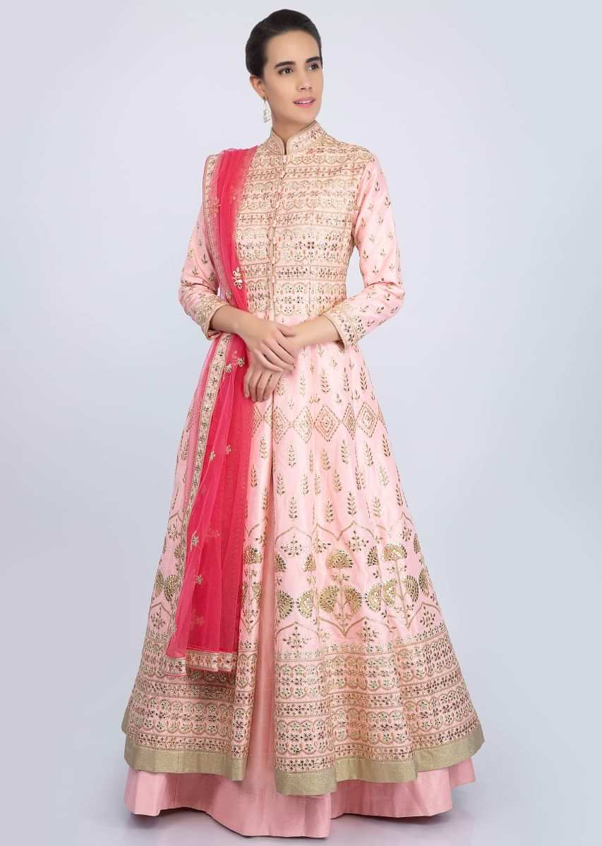 Powder pink embroidered raw silk jacket lehenga with punch pink net dupatta only on Kalki