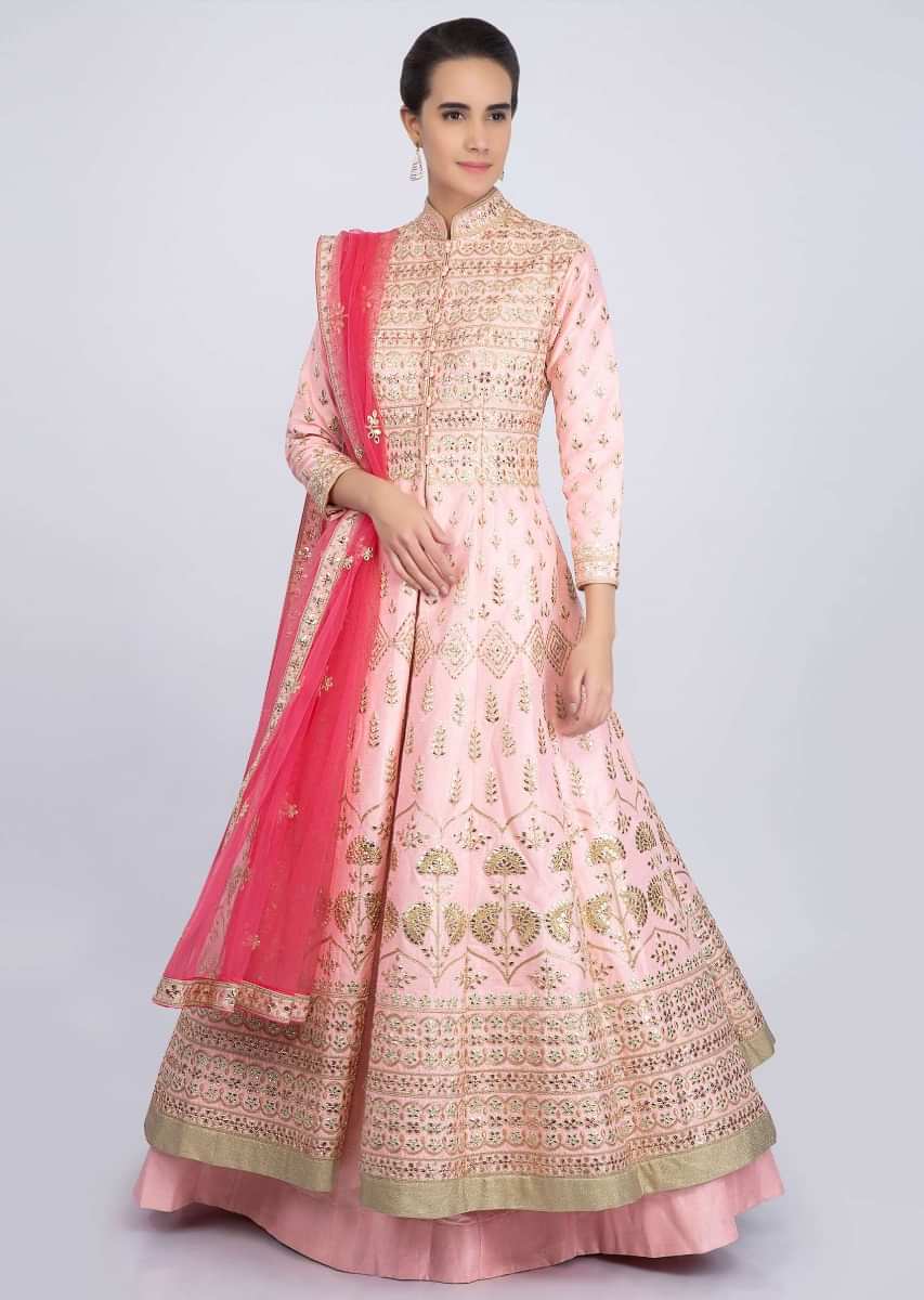 Powder pink embroidered raw silk jacket lehenga with punch pink net dupatta only on Kalki