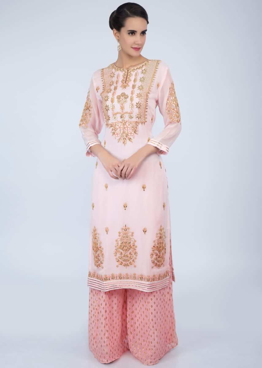 Powder Pink Suit With Embroidery Work And Dupatta With Rose Pink Weaved Palazzo Online - Kalki Fashion