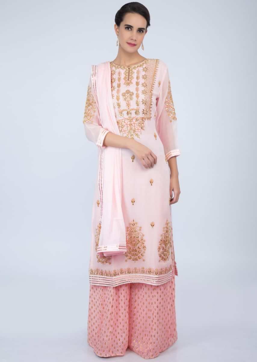 Powder Pink Suit With Embroidery Work And Dupatta With Rose Pink Weaved Palazzo Online - Kalki Fashion