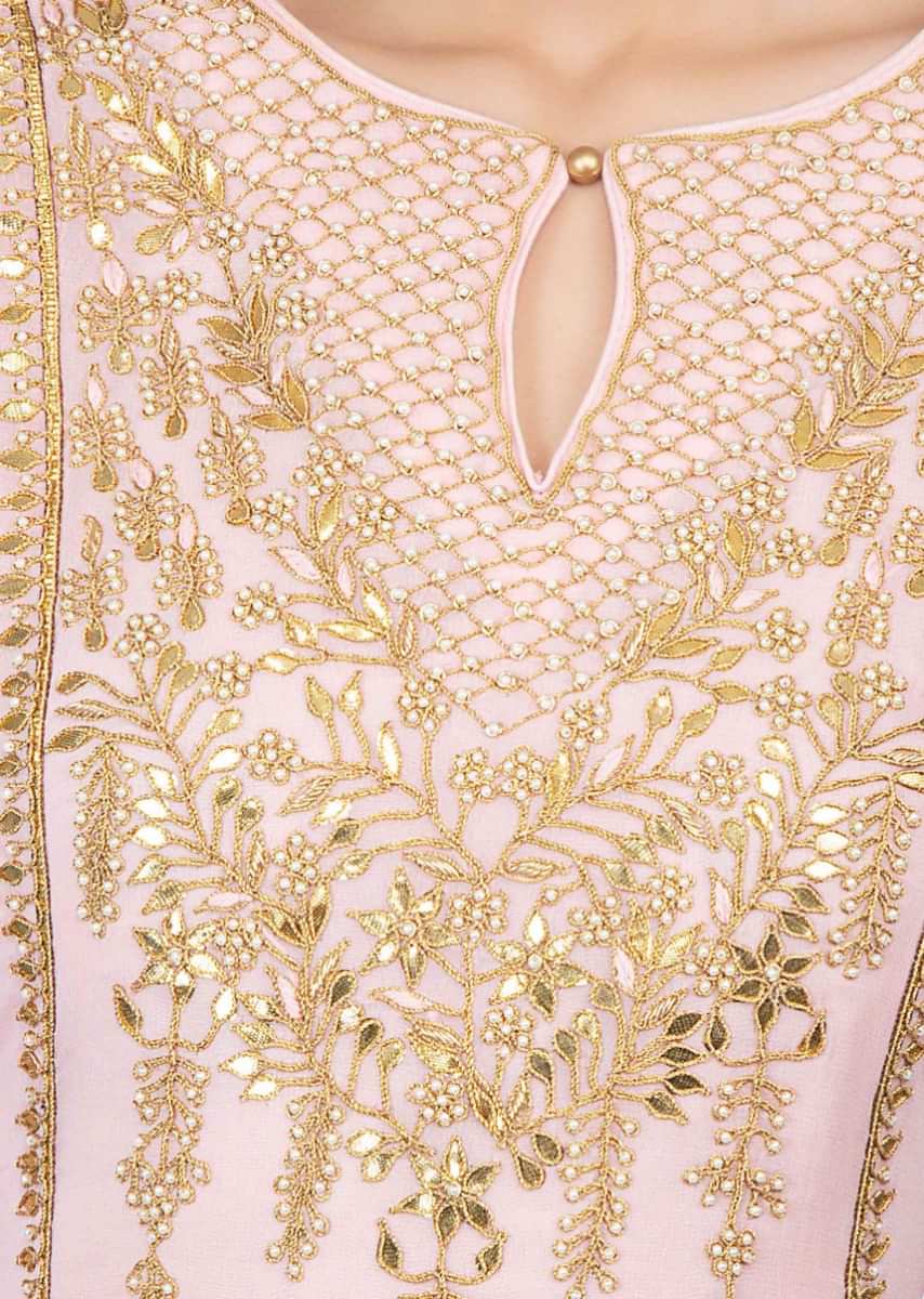 Powder Pink Sharara Suit In Georgette With Front Panel Embroidery Online - Kalki Fashion