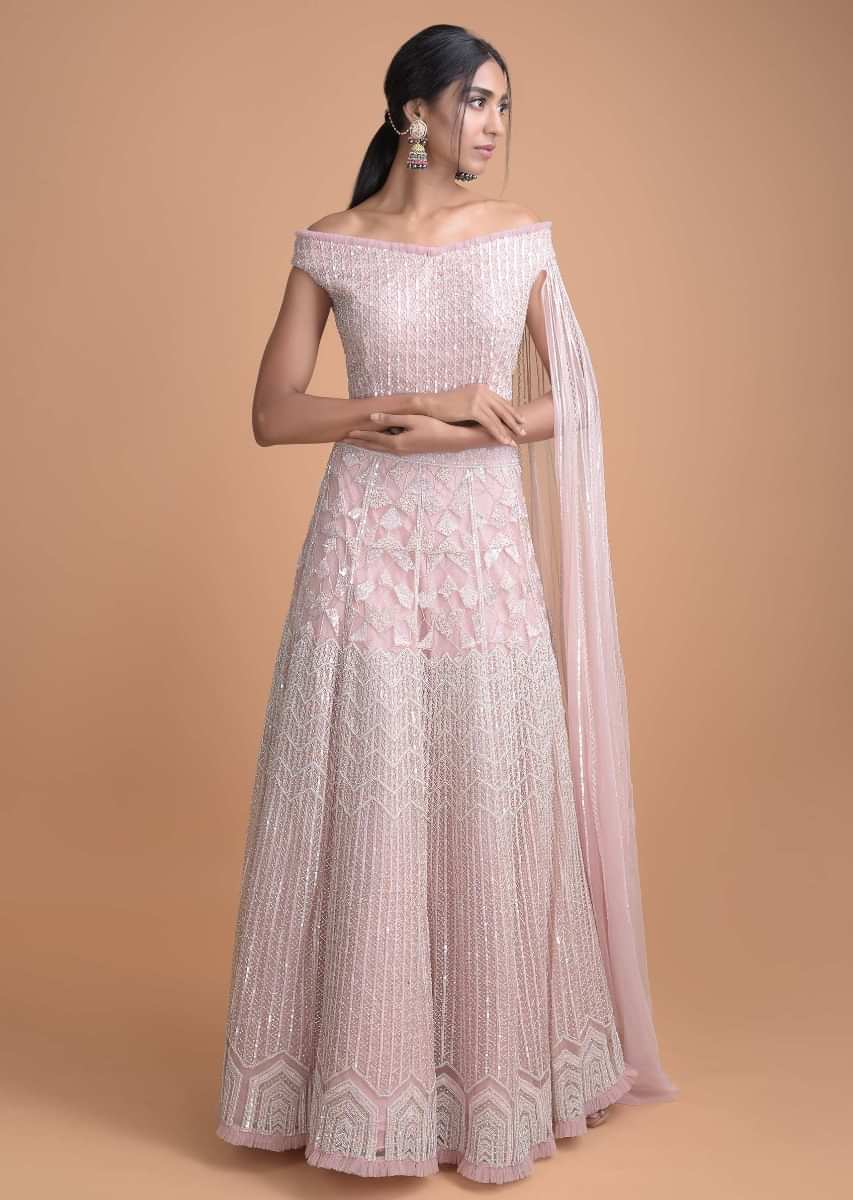 Powder Pink Hand Embroidered Lehenga And Off Shoulder Crop Top With Attached Dupatta 