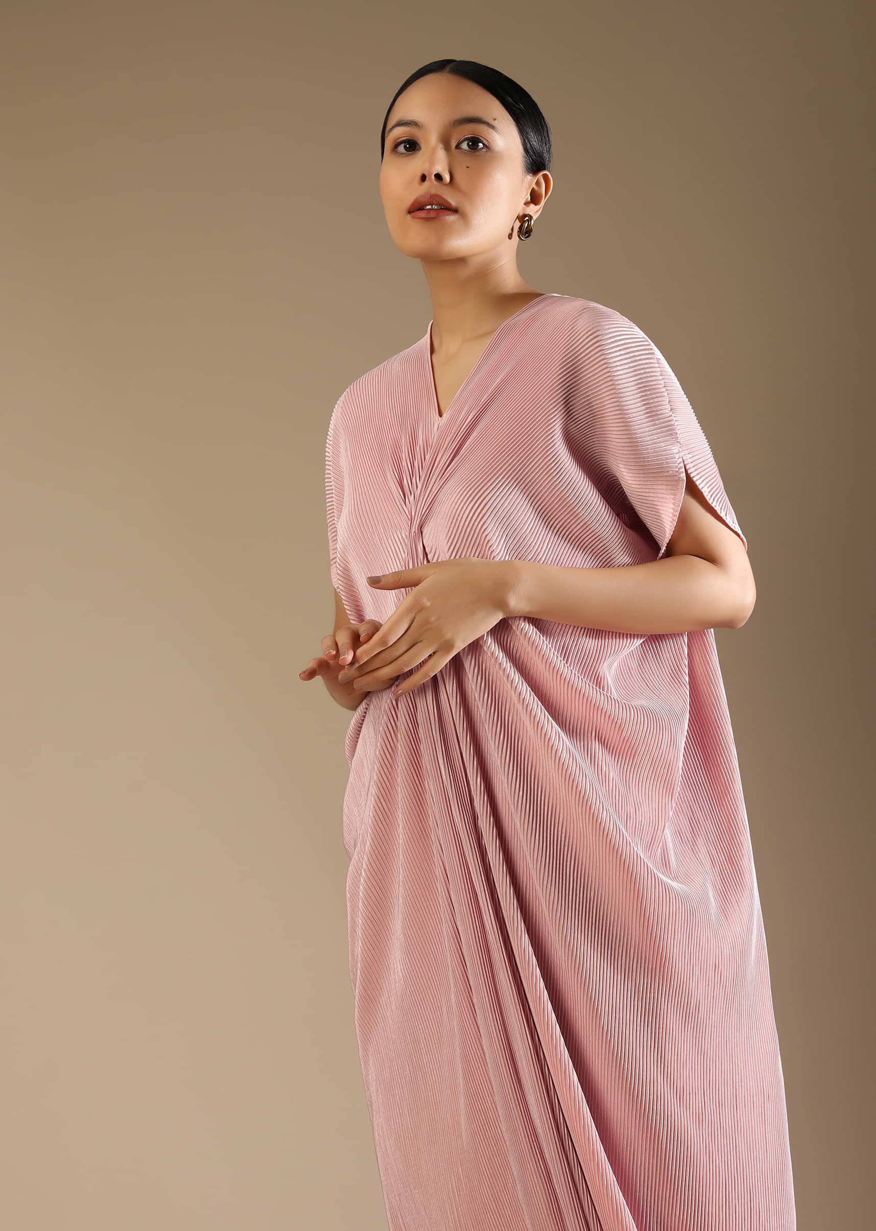 Powder Pink Kaftan Dress In Pleated Lycra With Ruching On The Bodice 