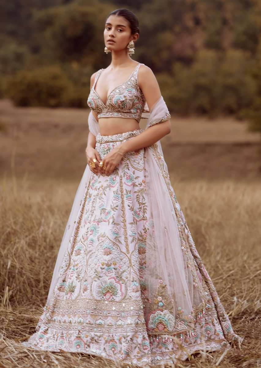 Powder Pink Lehenga Choli In Raw Silk With Colorful Resham And Cut Dana Embroidered Summertime Flowers And Mughal Motifs 