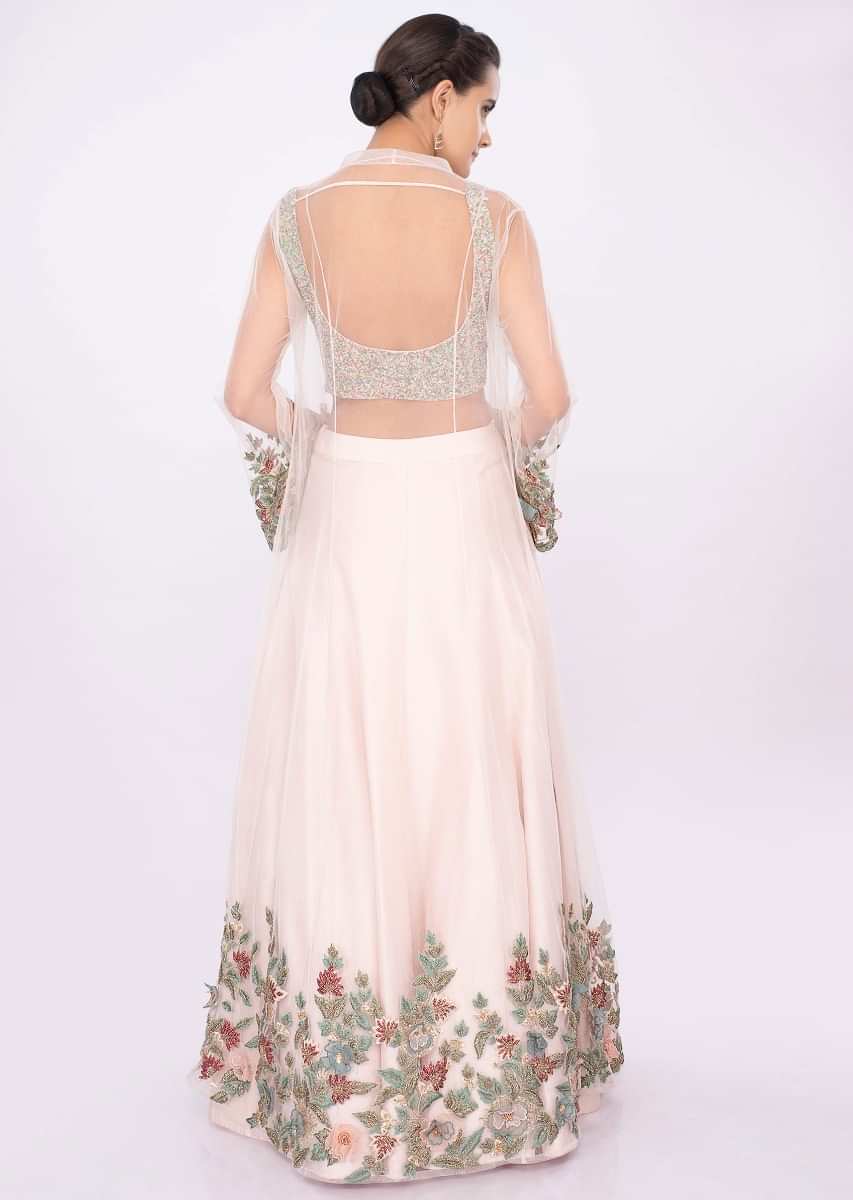 Powder pink lehenga with fancy fabric blouse and net embroidered jacket only on kalki