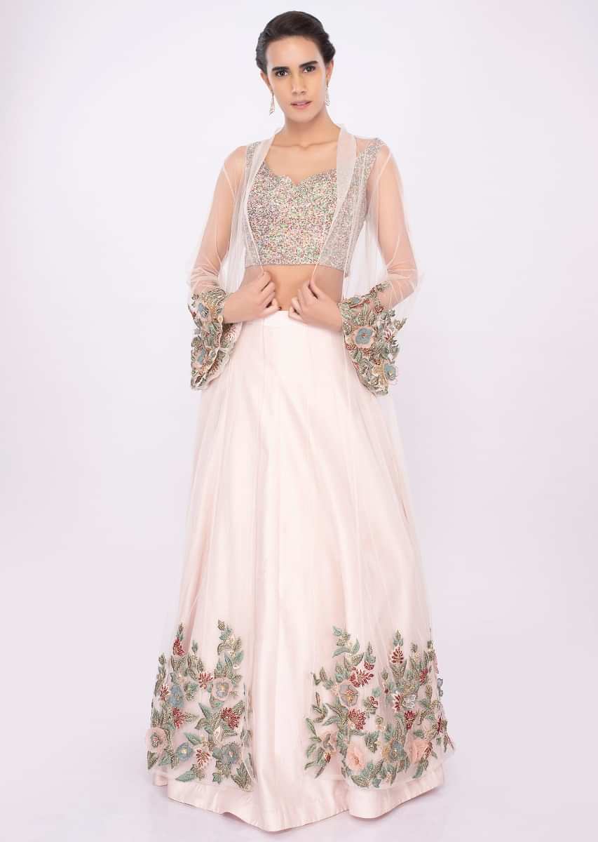 Powder pink lehenga with fancy fabric blouse and net embroidered jacket only on kalki