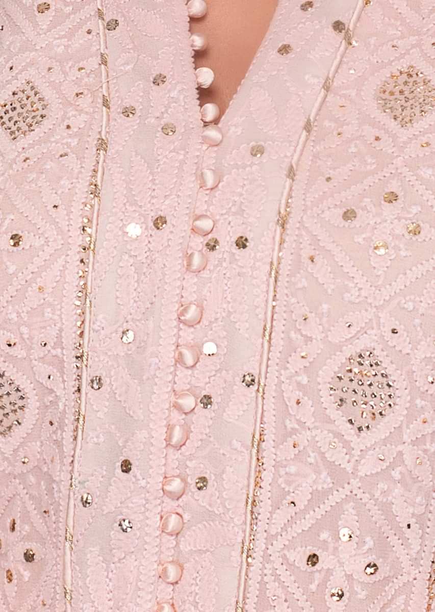 Powder pink lucknowi palazzo suit set with chiffon dupatta 
